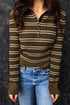 Striped Ribbed Knit Button Detail Collared Sweater