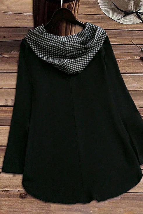 Hooded Gingham Paneling Chest Patch Pocket Long Sleeve Top