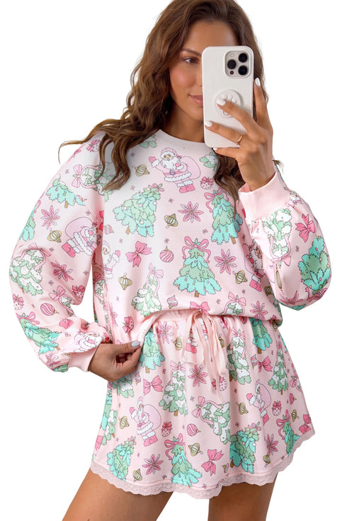 Floral Print Lace Trim Long Sleeve Skirt Dress Set