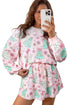 Floral Print Lace Trim Long Sleeve Skirt Dress Set