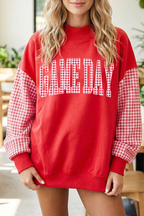 Plaid Pattern Sleeve Mock Neck Graphic Sweatshirt