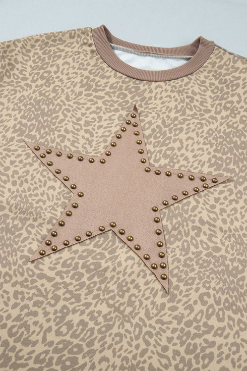 Beaded Leopard Star Applique Long Sleeve Loose Pant Set