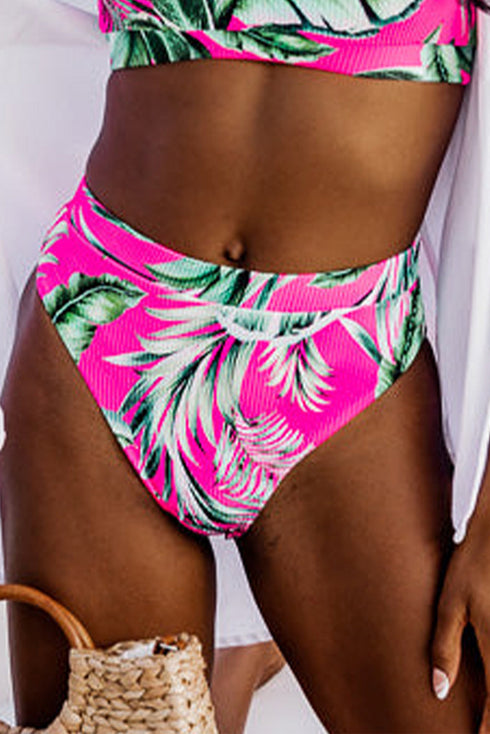 Ribbed Tropical Leaf Print High Waisted Bikini Set