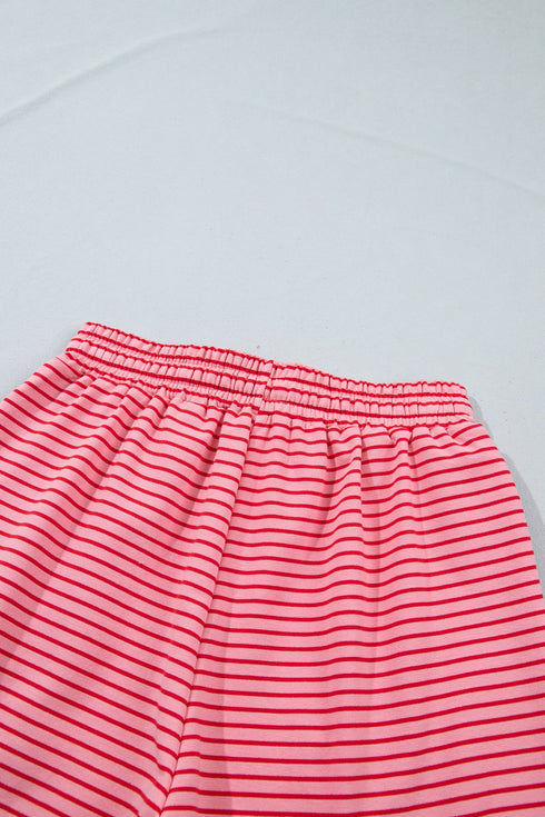 Striped Ribbed Patchwork Mock Neck Baggy Pullover Short Set