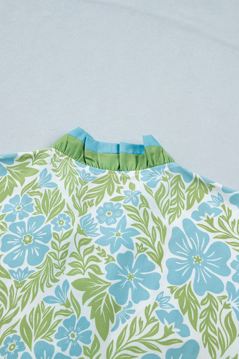 Botanical Floral Print Frilled Trim V Neck Button Front Dress