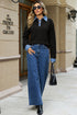 Denim Patchwork Collar Cuffed Mixed Texture Knit Sweater