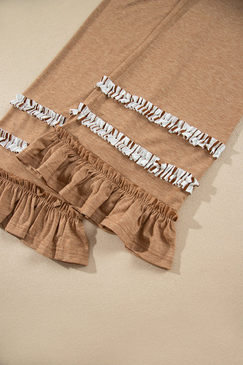 Striped Ruffle Sleeve V Neck Drawstring Pant Set