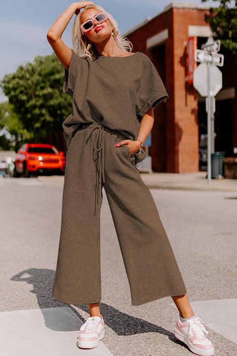 Textured Solid Loose Fit Wide Leg Pant Set