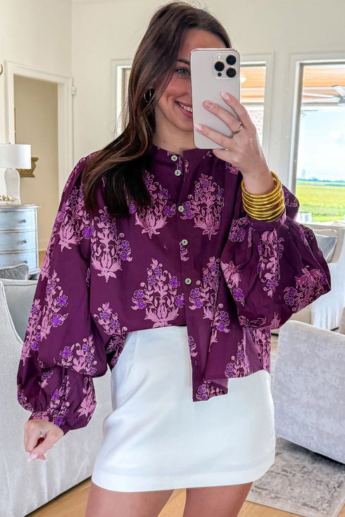 Southern Belle Floral Print Puff Sleeve Button Front Shirt
