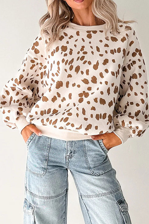 Leopard Spot Drop Shoulder Round Neck Graphic Sweatshirt