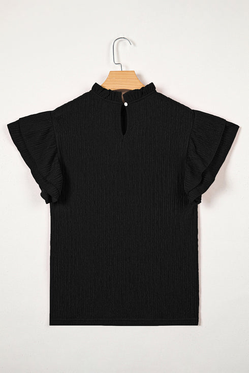 Ruffle Trim Solid Textured Short Sleeve Blouse
