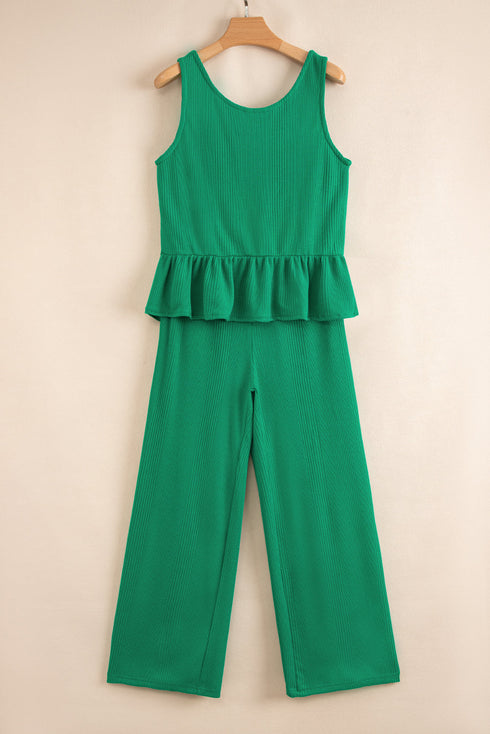 Textured Ribbed Ruffle Tank Top Wide Leg Pant Set