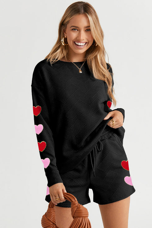 Textured Sequin Heart Print Long Sleeve Shorts Graphic Sets
