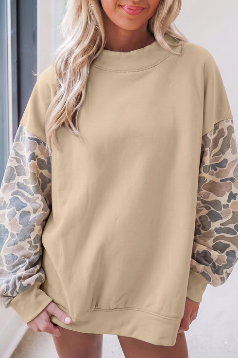 Camouflage Sleeve Crew Neck Baggy Pullover Sweatshirt