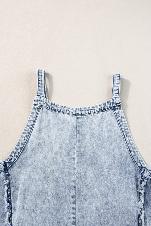 Washed Frayed Exposed Seam Wide Leg Denim Overall Jumpsuit