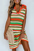 Striped Crochet Knit Collared Sleeveless Shift Dress
