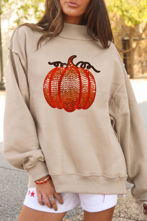 Sequined Pumpkin Graphic High Neck Baggy Sweatshirt