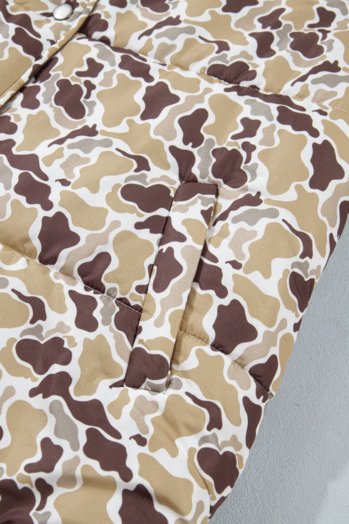 Camouflage Quilted Metal Button Collared Puffer Coat