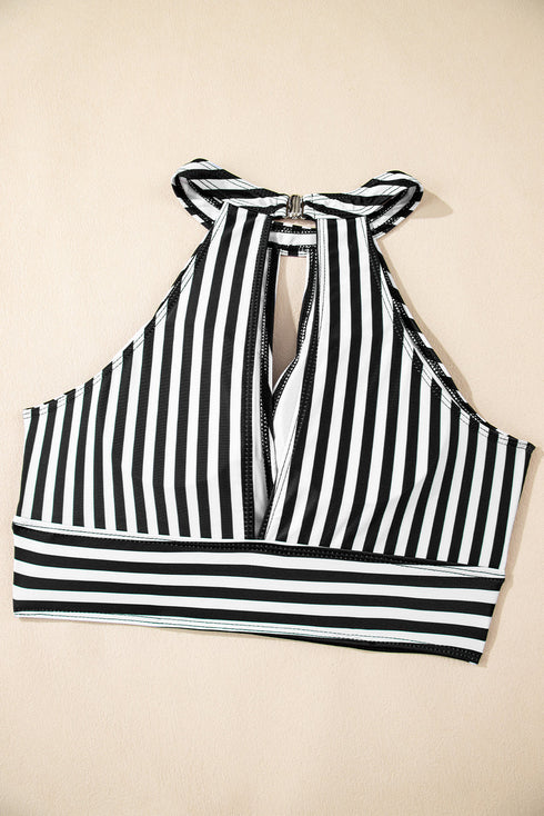 Striped Halter Keyhole High Waist Swimsuit Set