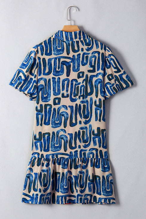 Abstract Print Bubble Sleeve Button up Mini Dress