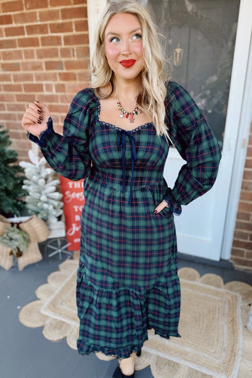 Vintage Plaid Square Neck Lace Trim Long Sleeve Shift Maxi Dress