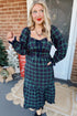 Vintage Plaid Square Neck Lace Trim Long Sleeve Shift Maxi Dress