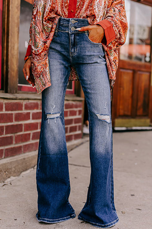 Distressed Western Style Button Fly High Waist Flare Jeans