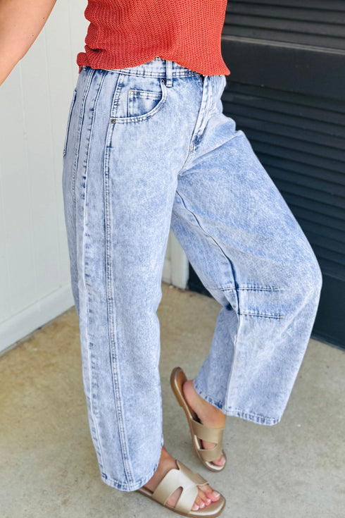Cotton Polyester Denim Pull On Barrel Jeans