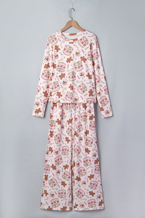 Ribbed Abstract Print Long Sleeve Two Piece Lounge Set