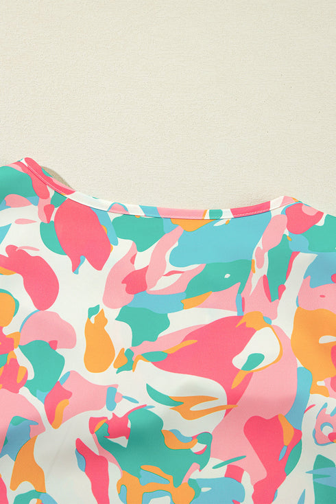 Abstract Print Ruffle Sleeve Smocked Wide Leg Pant Sets