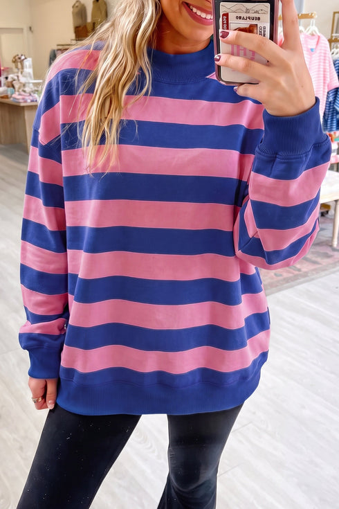Mock Neck Cotton Striped Pattern Relaxed Sweatshirt