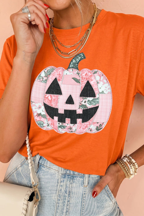 Patchwork Pumpkin Graphic Short Sleeve Round Neck Tee