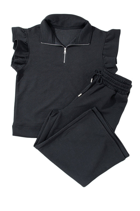 Textured Ruffle Sleeve Top Wide Leg Pant Set