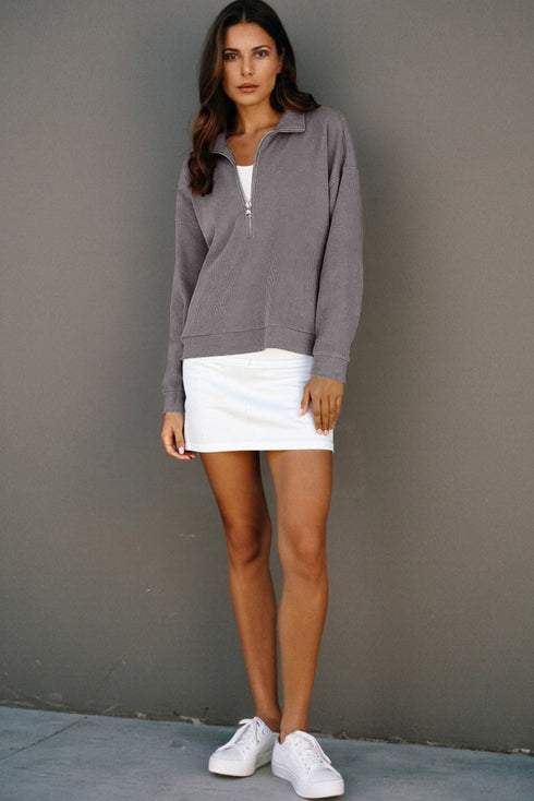 Waffle Textured Collar Half Zip Pocketed Drop Shoulder Sweatshirt