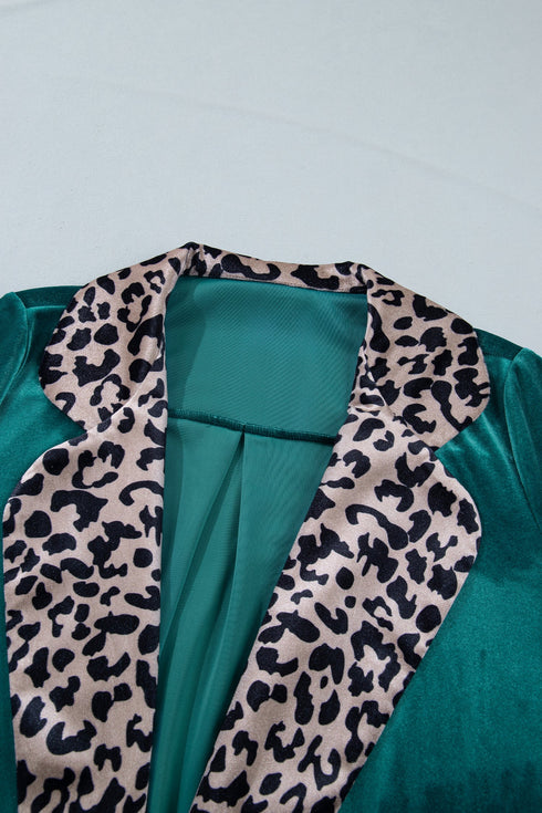 Leopard Print Velvet Lapel Collar Open Front Cardigan