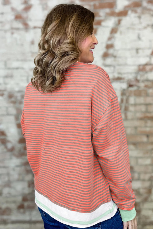 Striped Pattern Raw Seam Long Sleeve Top