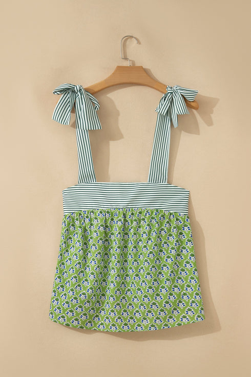 Feminine Floral Striped Knot Strap Babydoll Tank Top