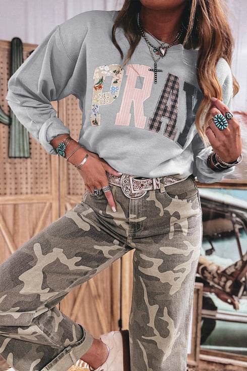 Western Floral Buffalo Plaid Striped Embroidered Patch Pullover Sweatshirt