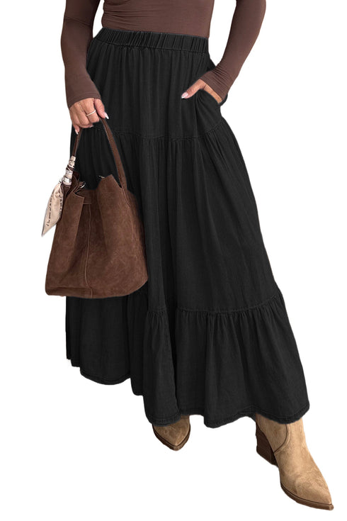 Elastic Waist Tiered Flared Maxi Skirt