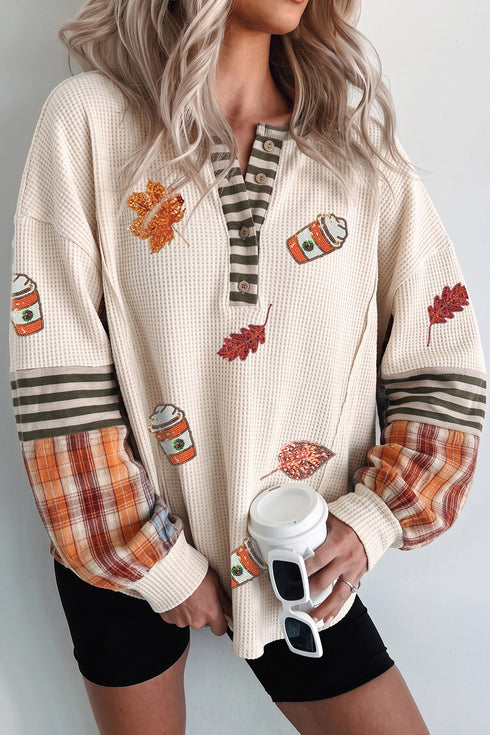 Sequined Pattern Plaid Stripes Patchwork Waffle Tee