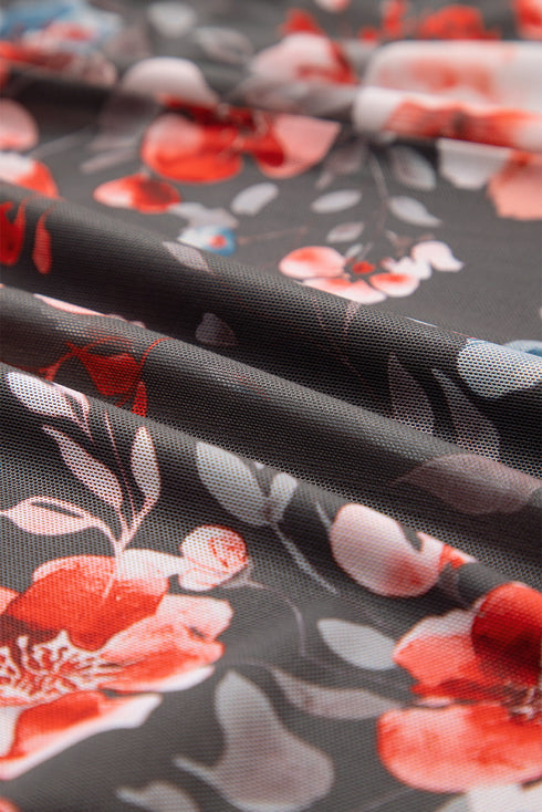 Frilly Smocked Bodice Mesh Long Sleeve Mini Floral Dress