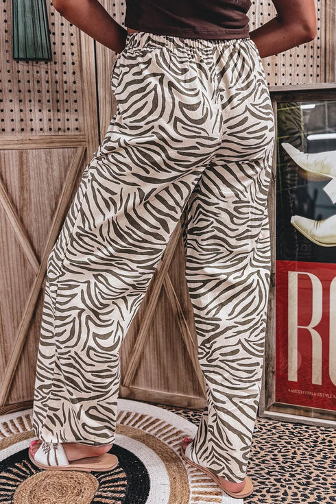 Western Print Zebra Pattern Elastic Waist Pocket Full Length Pants