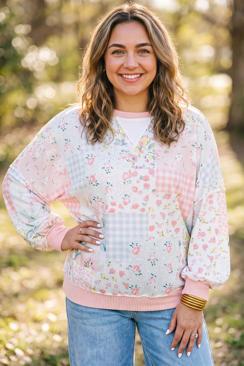Patchwork Floral Print Long Sleeve Tunic Top