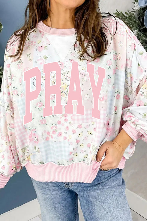 Pray Lettering Floral Mixed Print Patchwork Graphic Sweatshirt