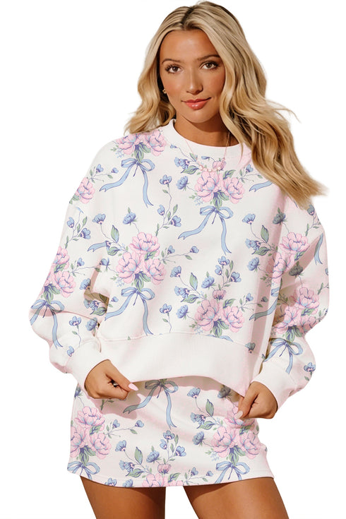 Floral Print Long Sleeve Top Elastic Waist Skort Two Piece Dress Set