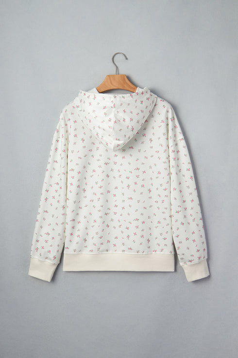 Floral Print Ribbing Drawstring Hem Long Sleeve Hoodie