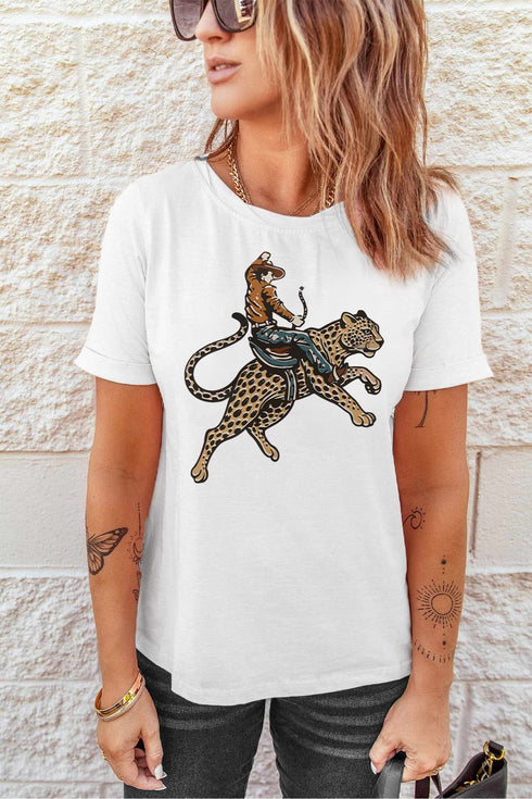 Cowboy Riding Cheetah Graphic Round Neck Tee