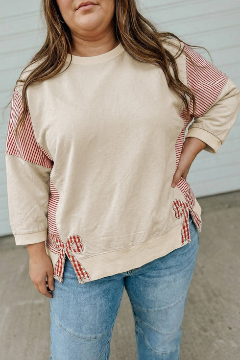 Striped Pattern Patchwork Bow Bracelet Sleeve Top