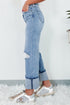 High Rise Asymmetric Button Zip Fly Distressed Jeans