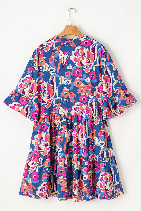 Floral Print Ruffled Three Quarter Sleeve Mini Dress